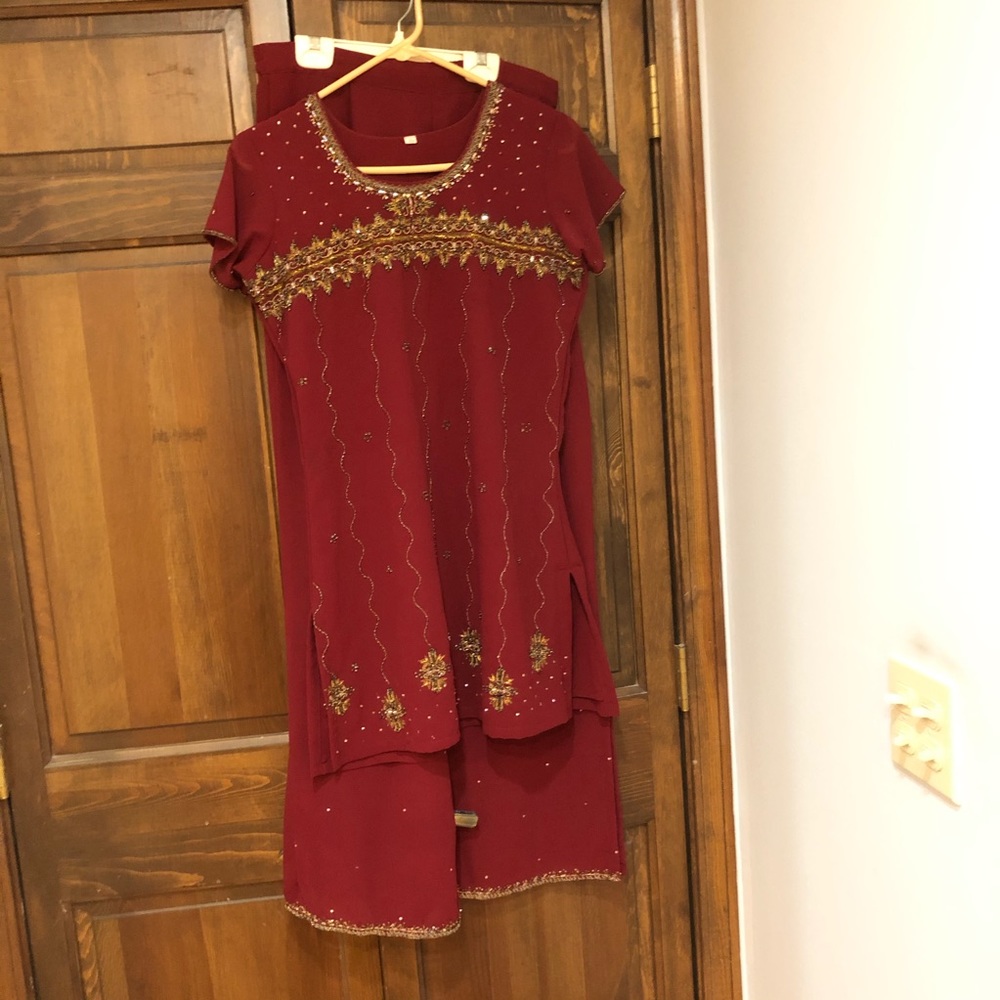 red beaded Indian top pants Bollywood burgundy medium